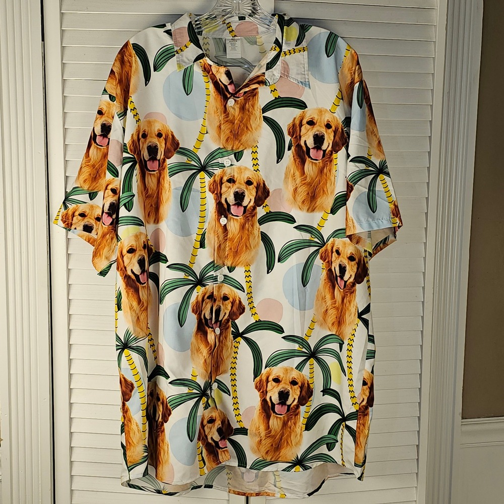 Golden Retriever Mens Green White Hawaiian Print Camp Shirt XL‎